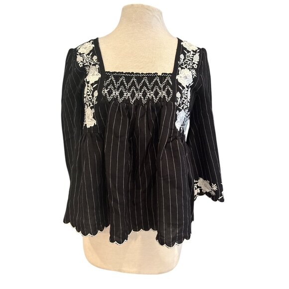 Velzera Tops - Velzera Womens Black Pinstripe Top W/ White Floral Embroidery & Smocked Details